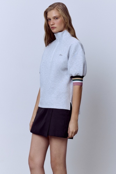 Поло на молнии с контрастными манжетами, серый меланж