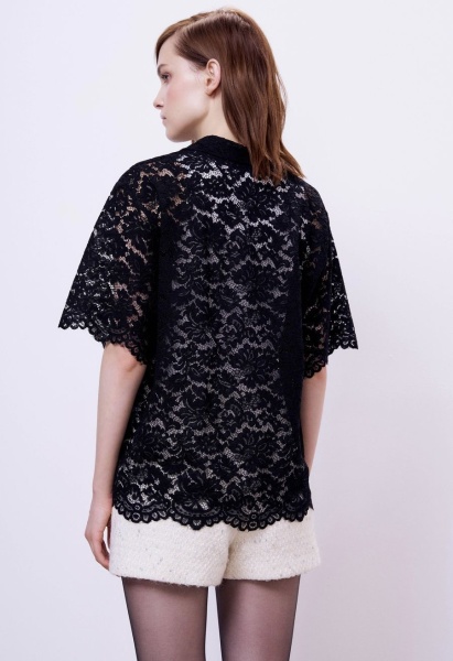 Рубашка бокси из кружева с кристальными пуговицами, черный