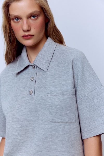 Поло из хлопкового джерси с кристальными пуговицами, серый