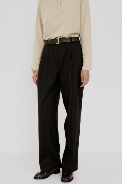 Брюки из шерсти на поясе со складками цвета шоколад