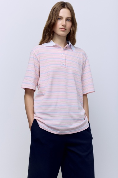 Поло пике в полоску с контрастным воротником, розовый