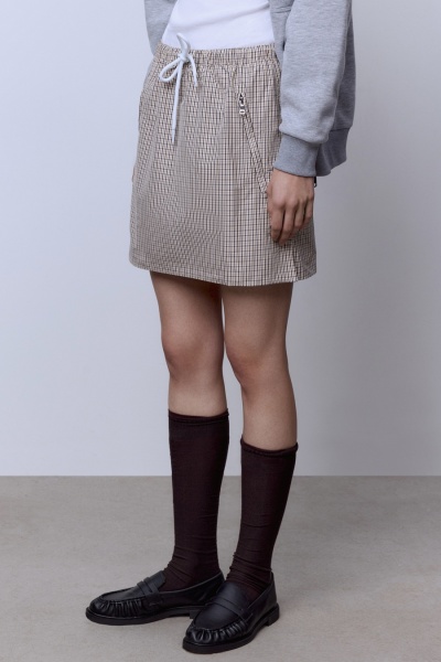 Юбка-мини в клетку из нейлона, бежевый-серый-белый