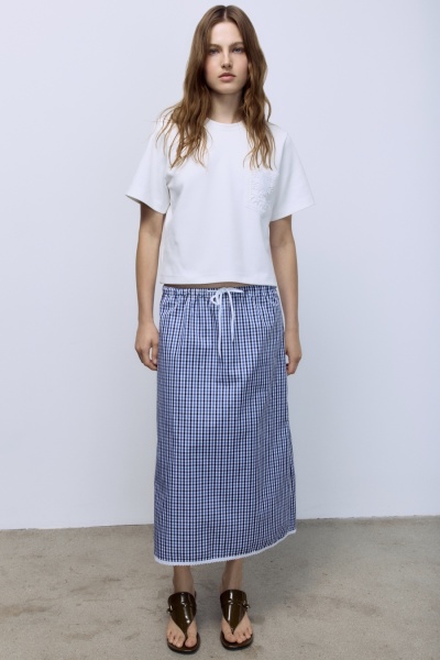 Юбка прямая в клетку виши с кружевом, синий