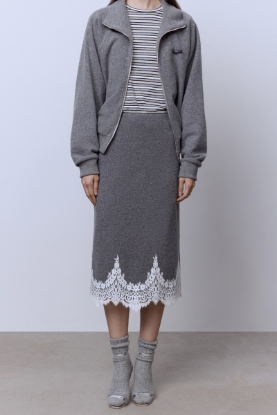 Юбка из шерсти мериноса с накладным кружевом, серый