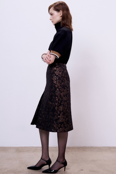 Юбка миди со складкой из жаккарда, шоколадный