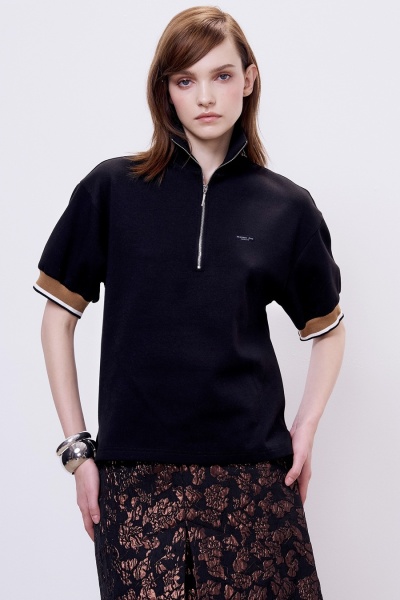 Поло на молнии с контрастными манжетами, черный