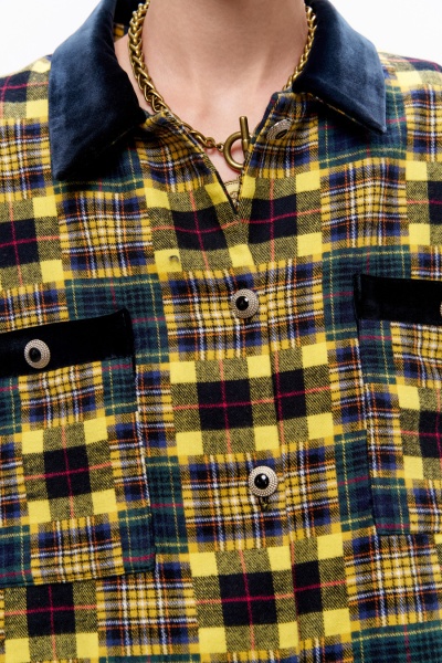 Рубашка в клетку из фланели с отделкой из бархата, жёлтый