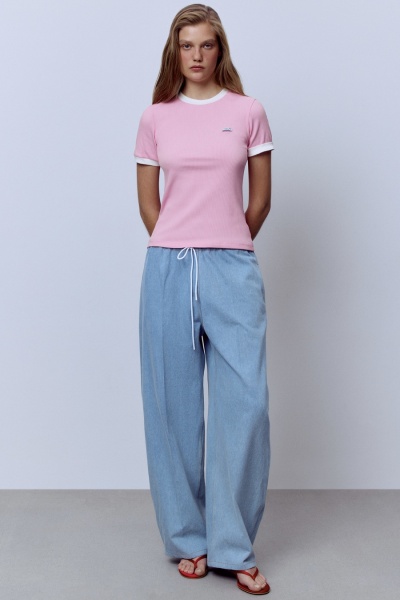 Футболка из хлопковой рибаны с контрастной отделкой, розовый