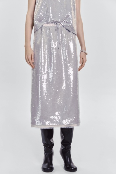 Юбка прямая с пайетками на шифоне, жемчужный