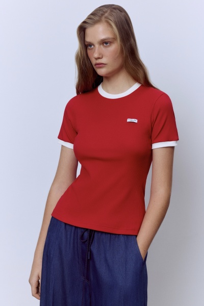 Футболка из хлопковой рибаны с контрастной отделкой, красный