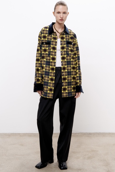 Рубашка в клетку из фланели с отделкой из бархата, жёлтый