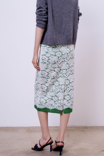 Юбка атласная с накладным кружевом, зелёный