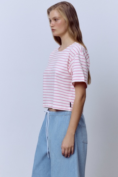 Футболка-кроп из хлопка в полоску, розовый