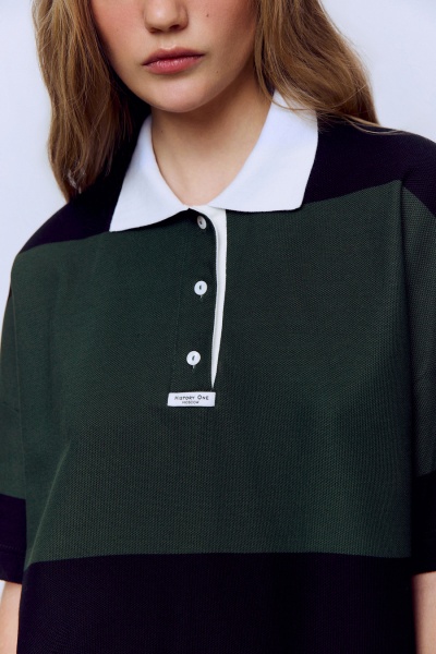 Поло пике с контрастным воротником, зелёный-чёрный