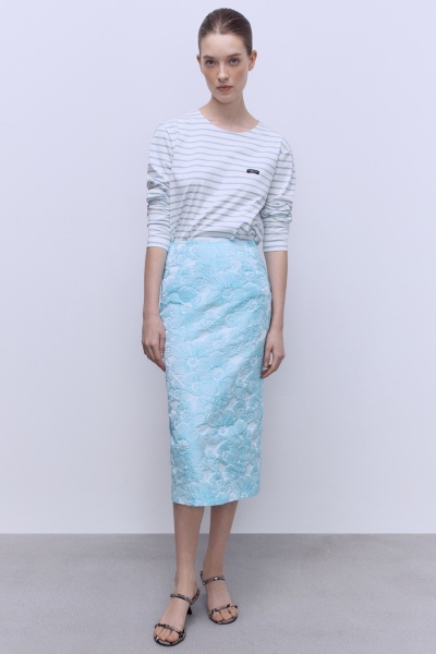 Юбка-тубина из жаккарда с накладной баской, голубой