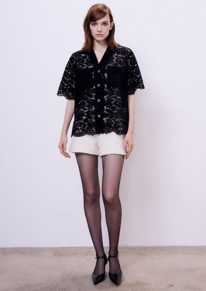 Рубашка бокси из кружева с кристальными пуговицами, черный