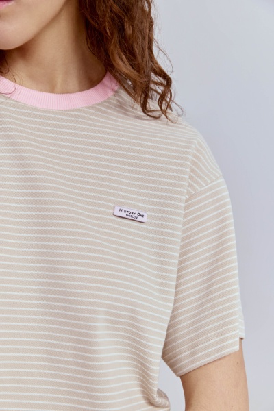 Футболка из пике в полоску с контрастным воротом, бежевый