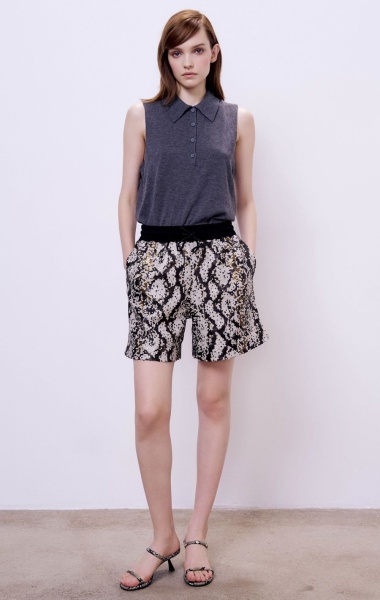 Шорты с пайетками и змеиным принтом, бежевый-черный