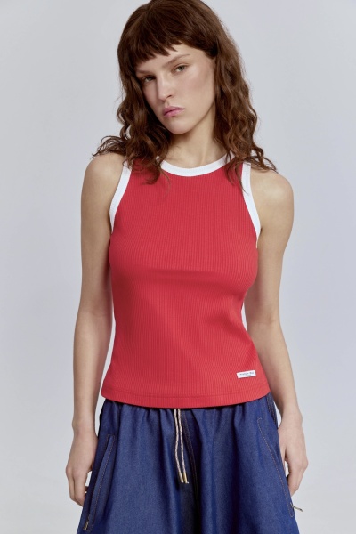 Топ из хлопковой рибаны с контрастной отделкой, красный