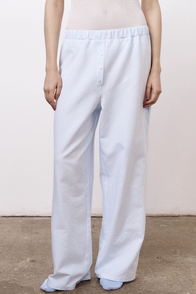 Брюки пижамные из хлопка с добавлением льна в тонкую полоску, голубой