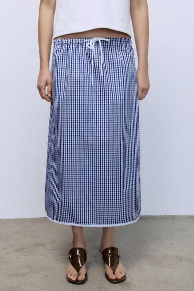 Юбка прямая в клетку виши с кружевом, синий