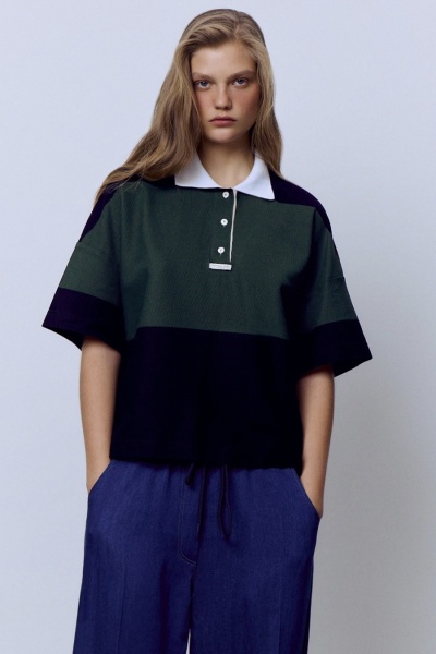 Поло пике с контрастным воротником, зелёный-чёрный