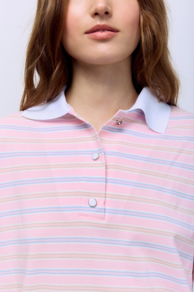 Поло пике в полоску с контрастным воротником, розовый