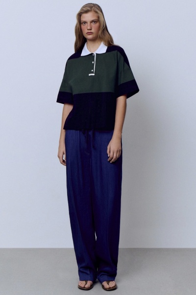 Поло пике с контрастным воротником, зелёный-чёрный