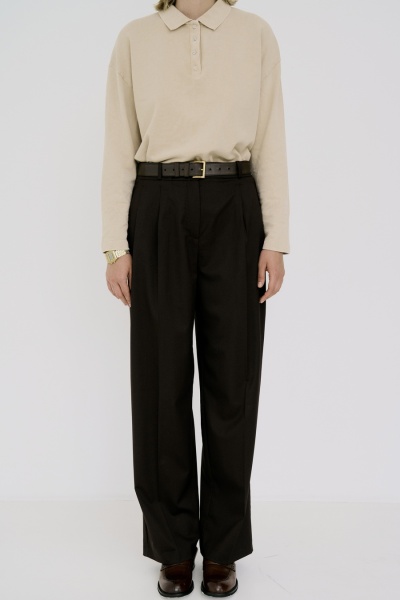 Брюки из шерсти на поясе со складками цвета шоколад