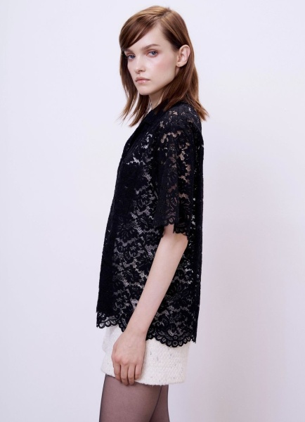 Рубашка бокси из кружева с кристальными пуговицами, черный