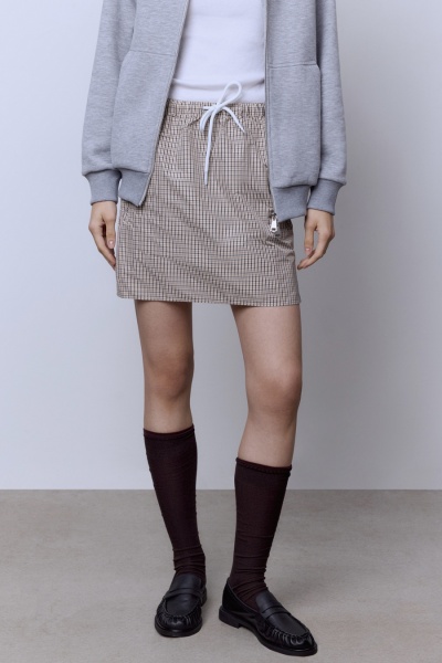 Юбка-мини в клетку из нейлона, бежевый-серый-белый