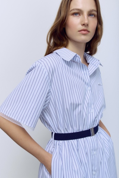 Платье в полоску из деликатного итальянского хлопка с кружевом, синий