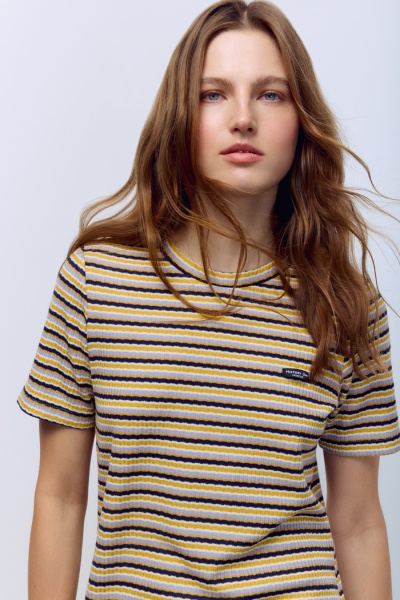 Футболка в полоску из вискозного трикотажа синий/горчичный