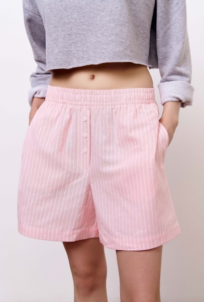 Шорты пижамные лен с хлопком в широкую полоску, розовый