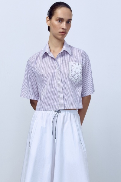 Рубашка-кроп в клетку с кружевным карманом, фиолетовый