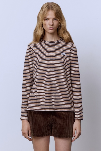 Лонгслив в полоску из вискозной рибаны, бежевый/шоколад