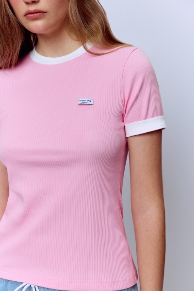 Футболка из хлопковой рибаны с контрастной отделкой, розовый