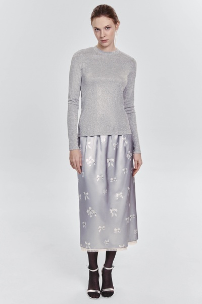 Юбка прямая с бантами и кружевом, жемчужный