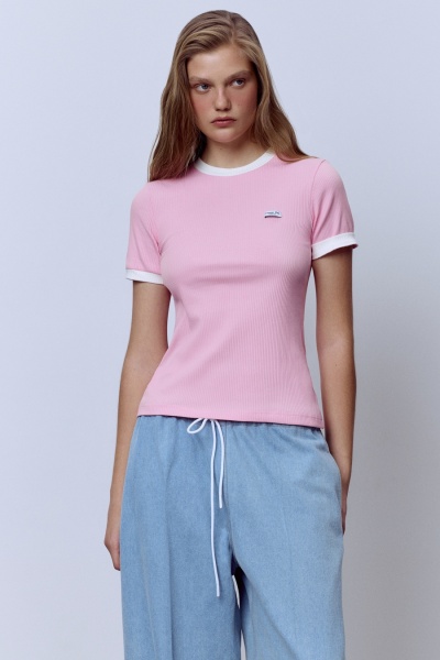 Футболка из хлопковой рибаны с контрастной отделкой, розовый