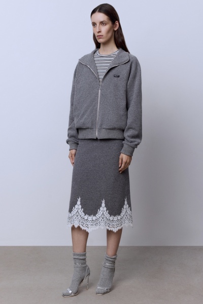 Юбка из шерсти мериноса с накладным кружевом, серый