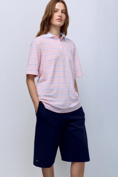 Поло пике в полоску с контрастным воротником, розовый