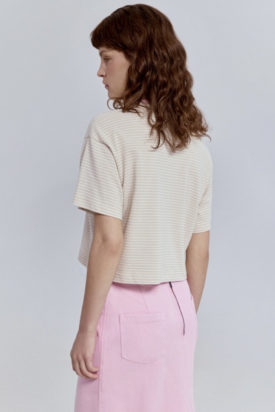 Футболка из пике в полоску с контрастным воротом, бежевый