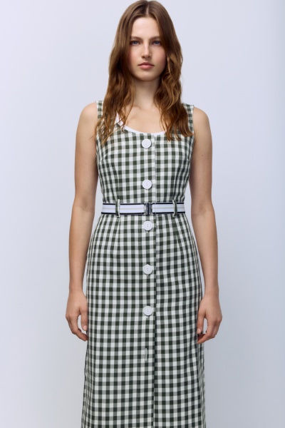 Сарафан из легкого денима в клетку, зелёный