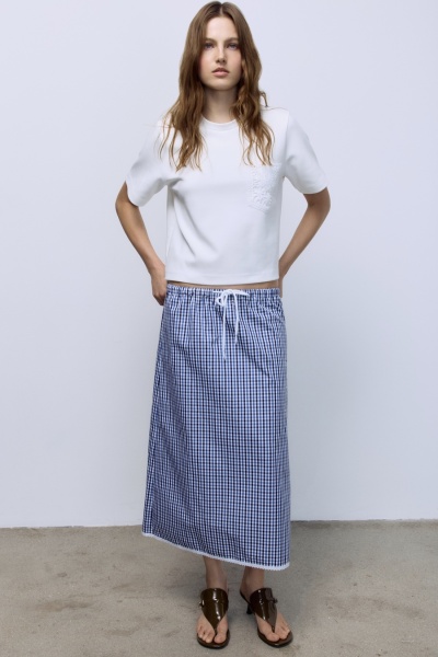Юбка прямая в клетку виши с кружевом, синий
