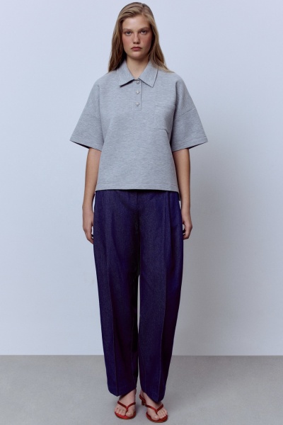 Поло из хлопкового джерси с кристальными пуговицами, серый