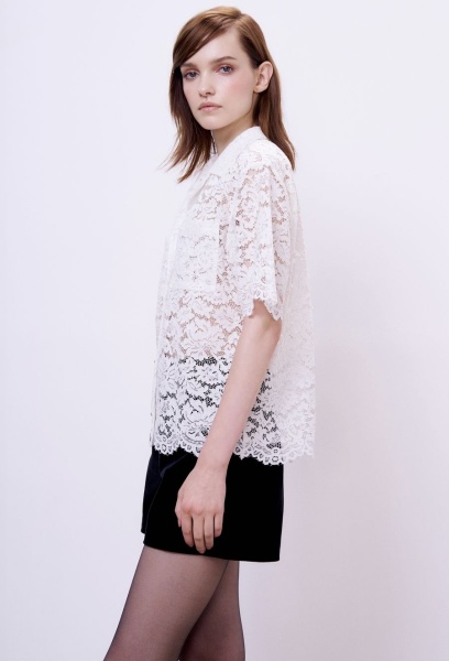 Рубашка бокси из кружева с кристальными пуговицами, белый