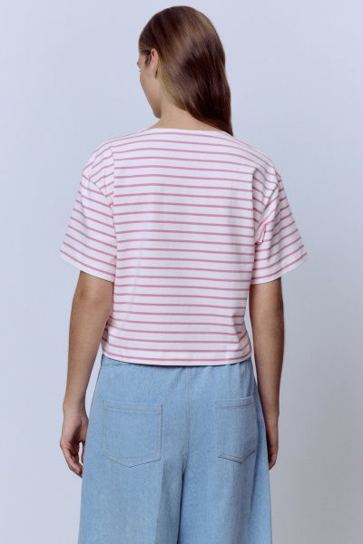 Футболка-кроп из хлопка в полоску, розовый