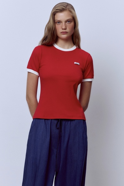Футболка из хлопковой рибаны с контрастной отделкой, красный