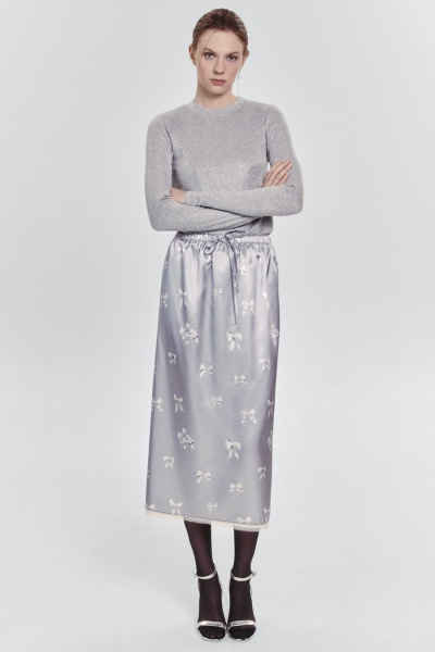 Юбка прямая с бантами и кружевом, жемчужный