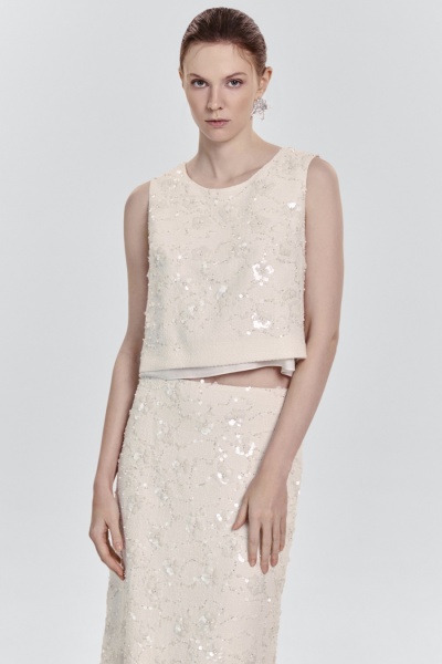 Топ из твида с бисером и пайетками, молочный